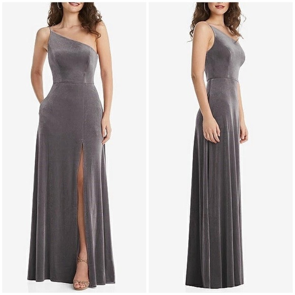 NWT After Six One Shoulder Spaghetti Strap Velvet Maxi Dress Gown Caviar Gray 8 - Picture 2 of 12